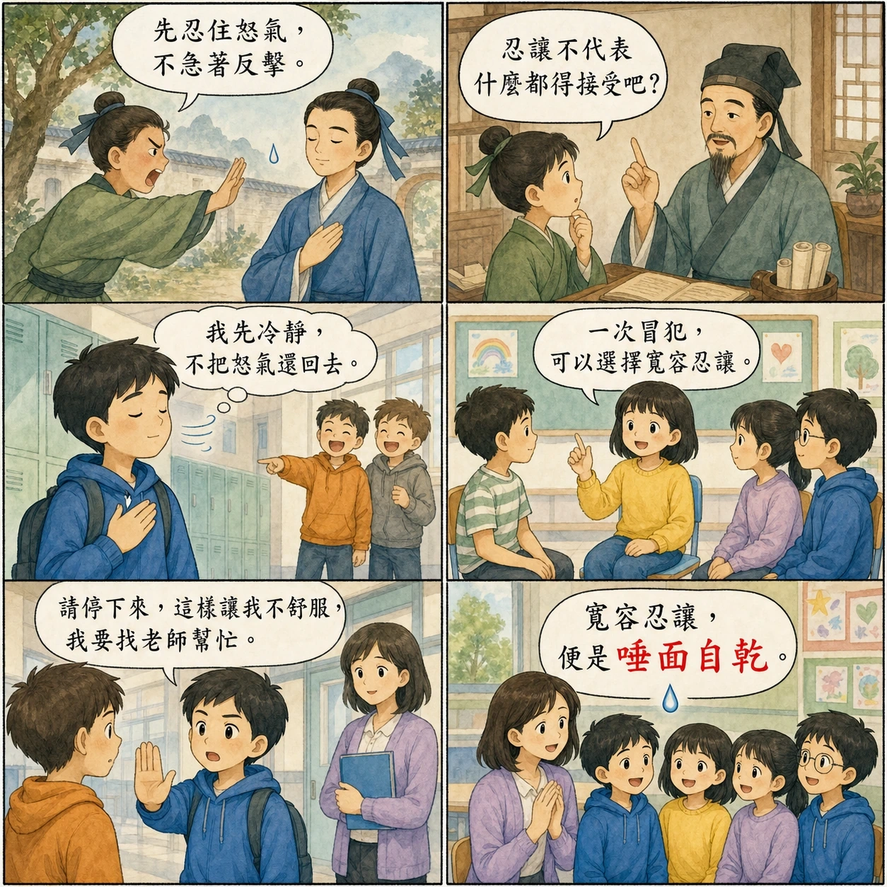 唾面自乾的 AI 生成成語漫畫
