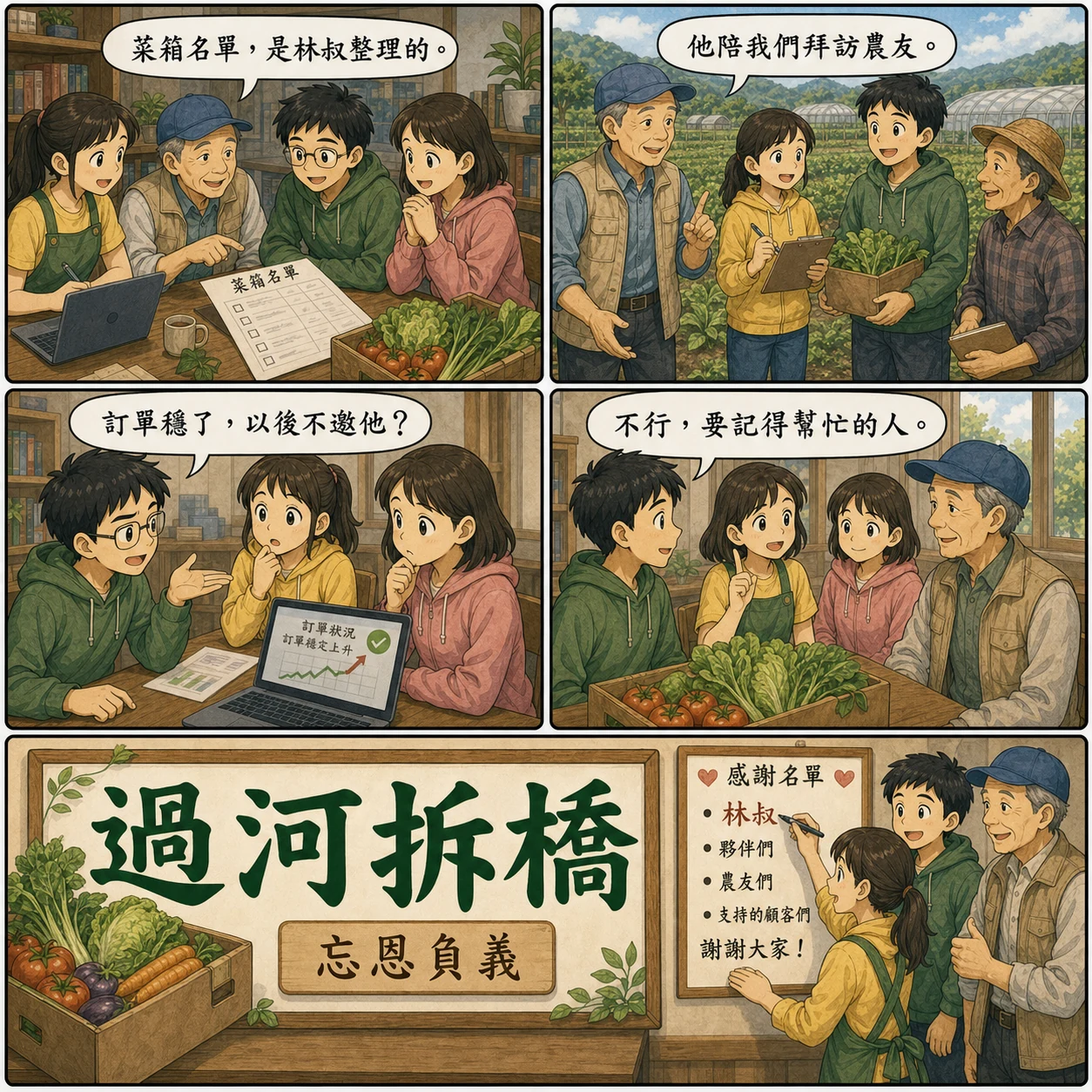 過河拆橋的 AI 生成成語漫畫