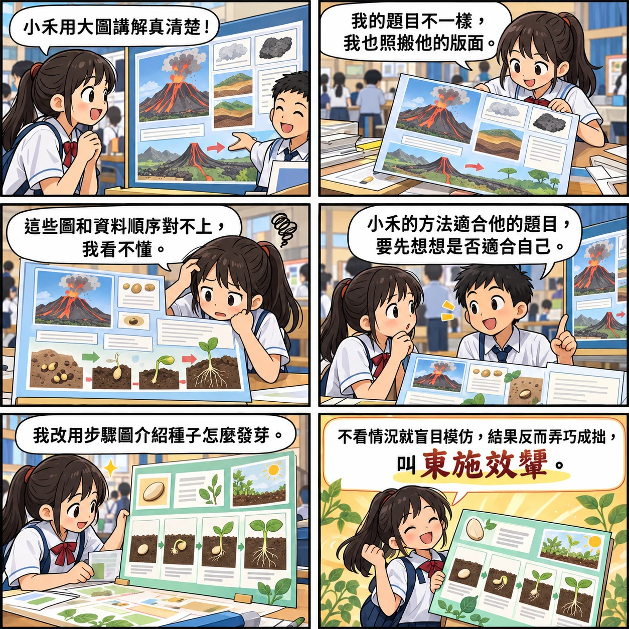 東施效顰的 AI 生成成語漫畫