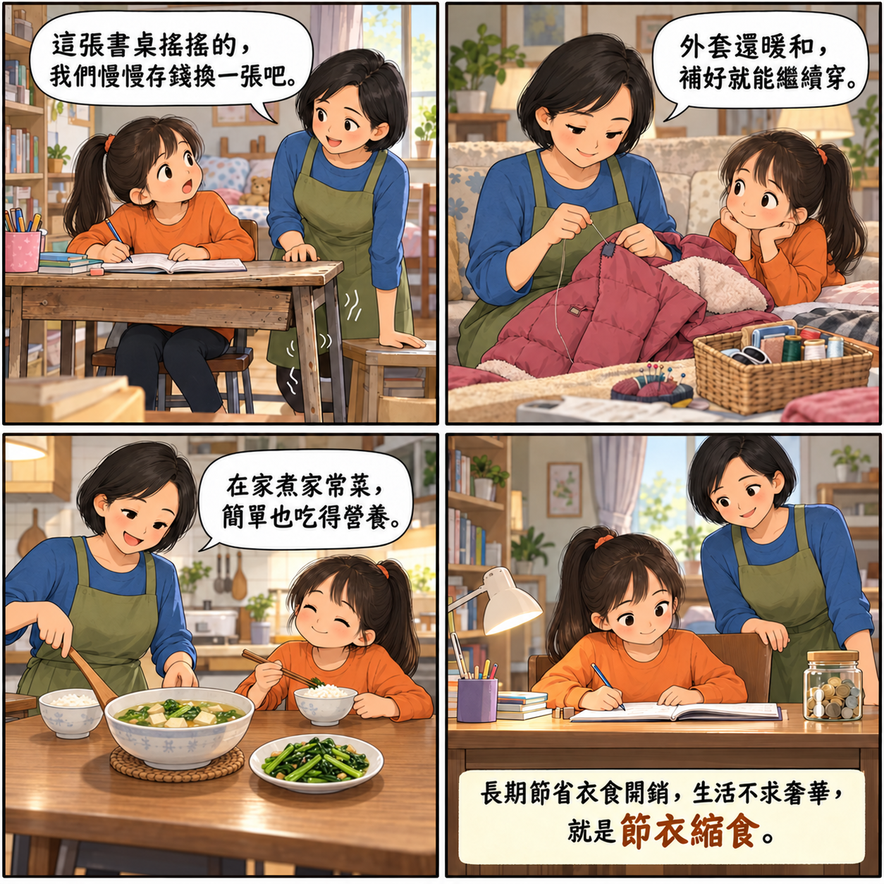 節衣縮食的 AI 生成成語漫畫