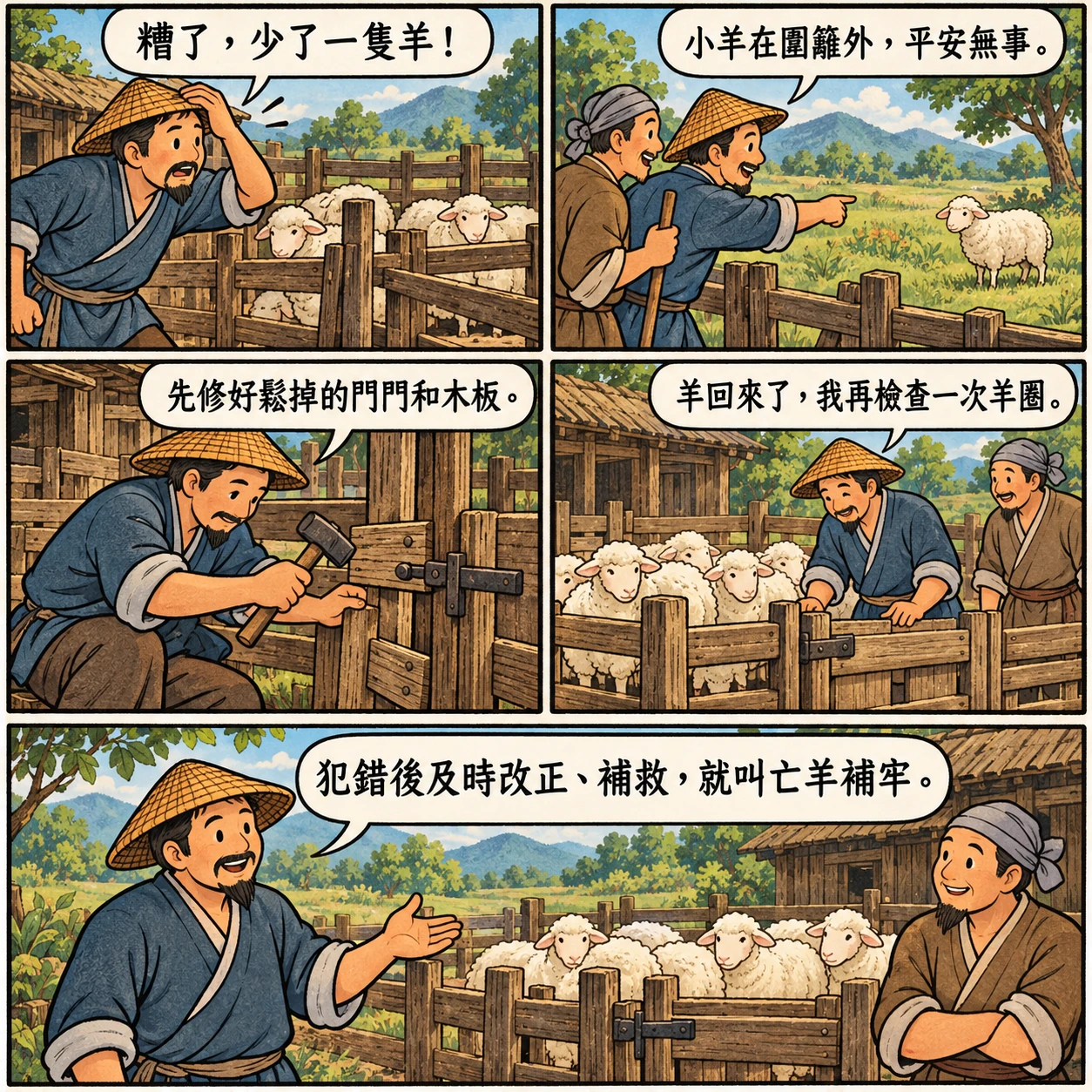 亡羊補牢的 AI 生成成語漫畫