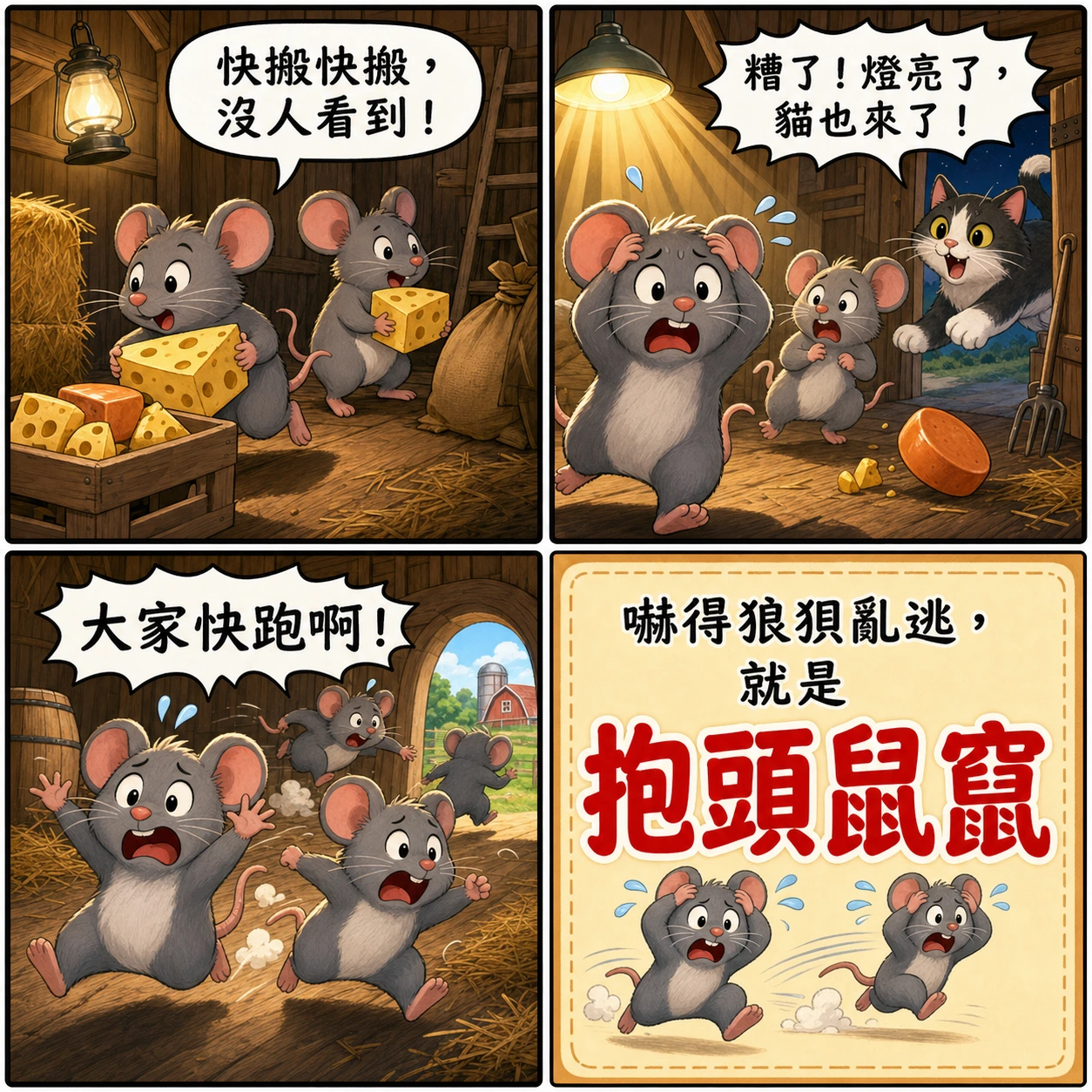 抱頭鼠竄的 AI 生成成語漫畫