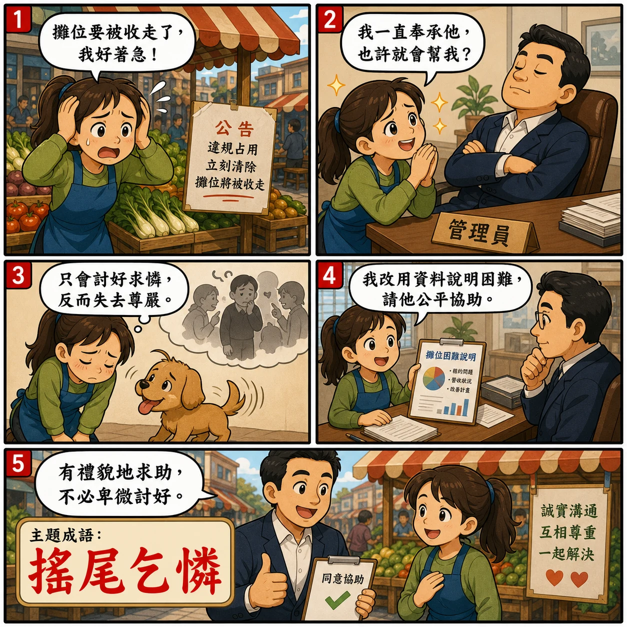 搖尾乞憐的 AI 生成成語漫畫