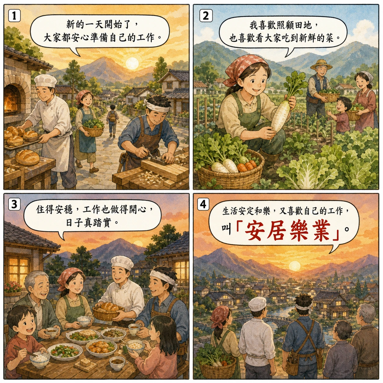安居樂業的 AI 生成成語漫畫