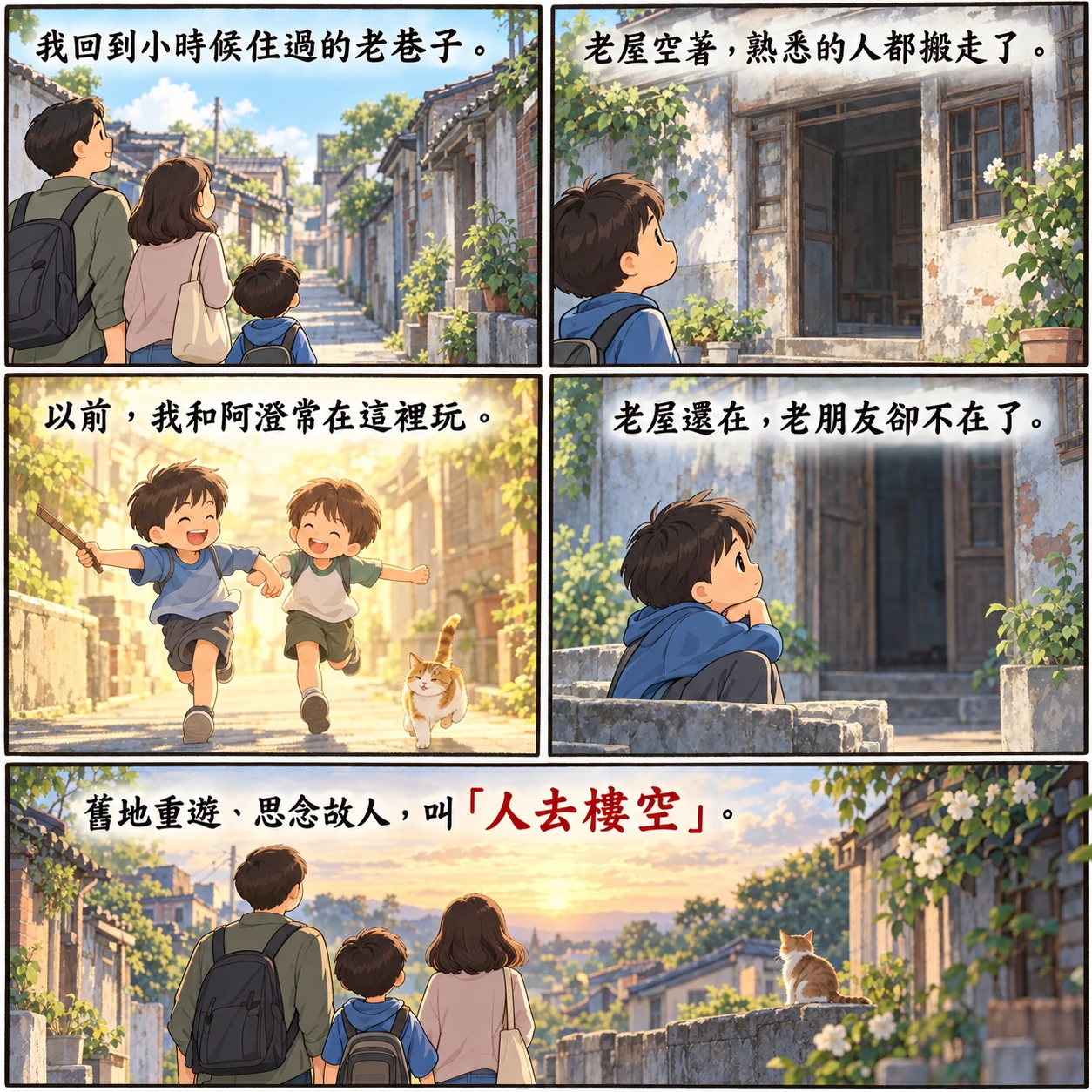 人去樓空的 AI 生成成語漫畫