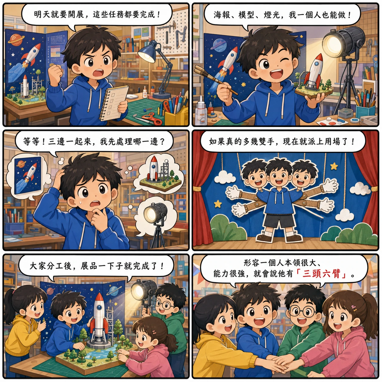 三頭六臂的 AI 生成成語漫畫